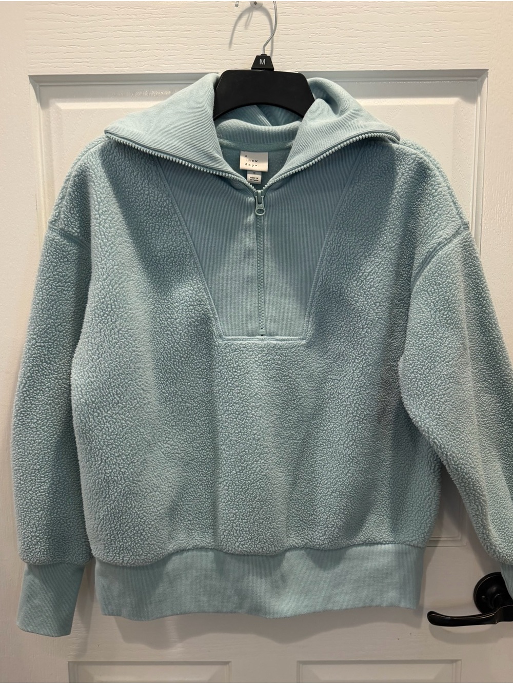Women’s Oversized Sky Blue Half-Zip Sherpa Pullover Collared Fleece Jacket